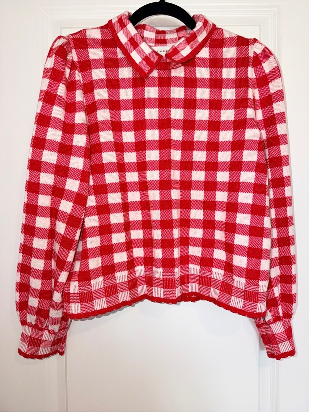 Free Assembly, Red & White Gingham Knit Sweater and A-line Skirt Set, Red, L - Picture 3 of 11
